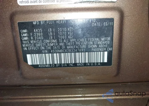 2011 Subaru Legacy 2.5I Premium from USA, damaged, VIN 4S3BMBC62B3247692